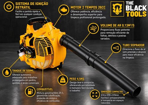 Soprador de Folhas Lateral TBNT10 2T 26cc 0,90Hp The Black Tools Cor Amarelo Profissional a Gasolina 2 Tempos