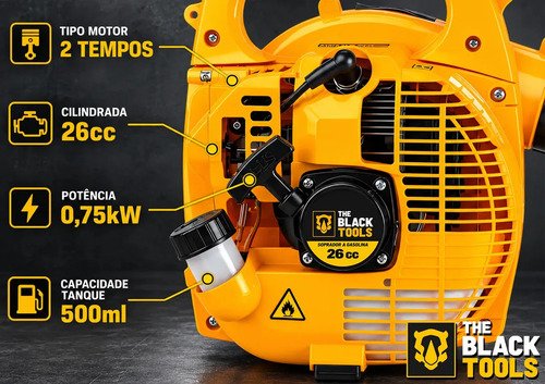 Soprador de Folhas Lateral TBNT10 2T 26cc 0,90Hp The Black Tools Cor Amarelo Profissional a Gasolina 2 Tempos
