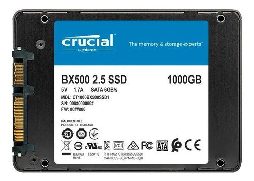 Ssd 1tb Sata Iii 2,5 Pol. Crucial Bx500 Ct1000bx500ssd1 Velocidade De Leitura Até 540mb/s Disco Sólido Interno