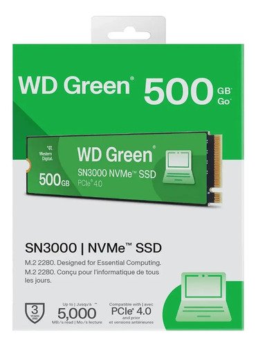 Ssd wd green sn3000 500gb m2 2280 pcie nvme leitura 5000mbs