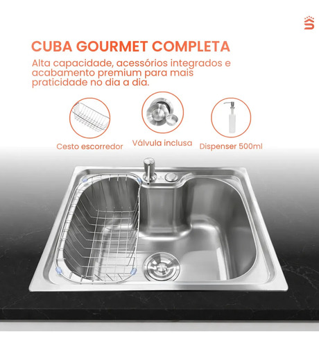 Stillus Home Cuba Pia Gourmet Cozinha Aço Inox 50x40cm Cesto Escorredor Dispenser Detergente 500ml Válvula 4 1/2 Sobrepor Embutir