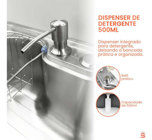 Stillus Home Cuba Pia Gourmet Cozinha Aço Inox 50x40cm Cesto Escorredor Dispenser Detergente 500ml Válvula 4 1/2 Sobrepor Embutir