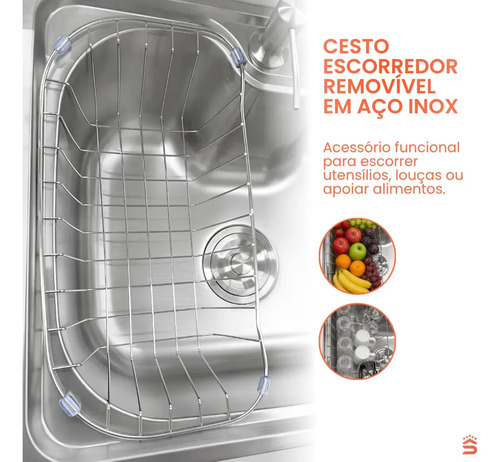 Stillus Home Cuba Pia Gourmet Cozinha Aço Inox 50x40cm Cesto Escorredor Dispenser Detergente 500ml Válvula 4 1/2 Sobrepor Embutir
