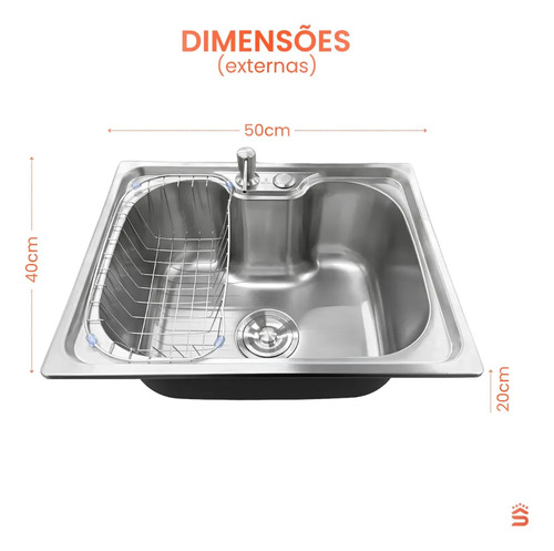 Stillus Home Cuba Pia Gourmet Cozinha Aço Inox 50x40cm Cesto Escorredor Dispenser Detergente 500ml Válvula 4 1/2 Sobrepor Embutir