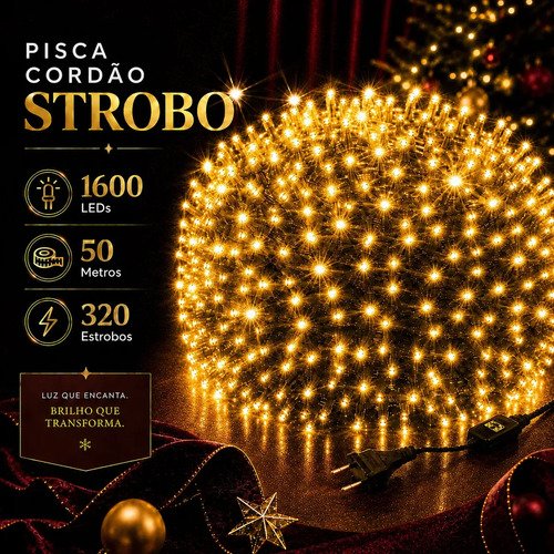 Strobo cordao natal 1600 leds pisca flash 50m prova dagua bi