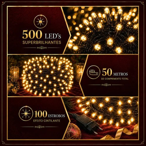 Strobo Natal 500 Leds Pisca 100 Flash 50m Prova D'água Bivolt Branco Quente