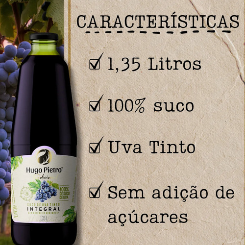 Suco De Uva Tinto Integral Hugo Pietro 1,35 Lts 100% Suco