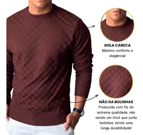 Suéter Masculino Lã Tricot Manga Longa Xadrez Blusa De Frio