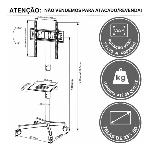 Suporte Pedestal Para Tv De 23 A 60 Com Rodinhas Bandeja Cor Preto