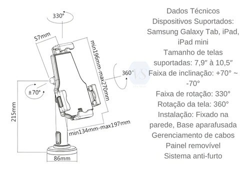 Suporte Tablet PCYES Grampo Antifurto Inclinação Livre Rotação 360°