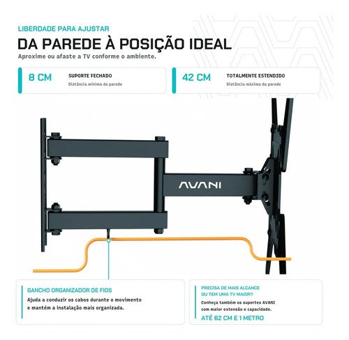 Suporte Tri Articulado Tv De 26 Até 60 Polegadas Aço Reforçado Suporta Até 35kg Para Parede E Painel