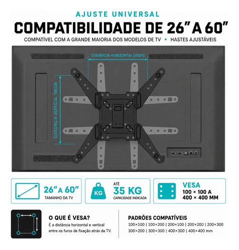 Suporte Tri Articulado Tv De 26 Até 60 Polegadas Aço Reforçado Suporta Até 35kg Para Parede E Painel