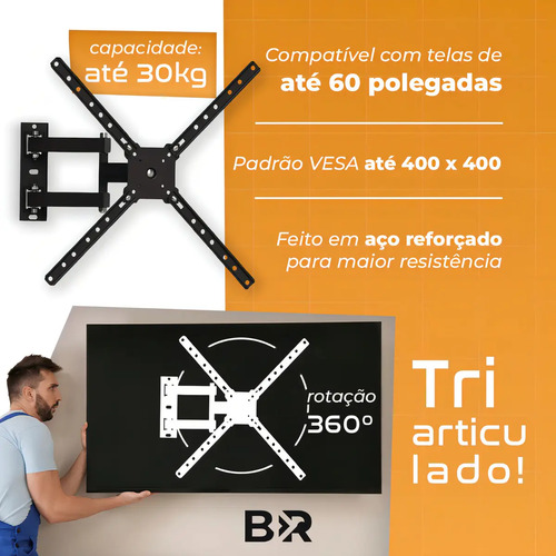 Suporte Tv Parede Tri Articulado 10 a 60" Led Oled Qled Reforçado 30kg