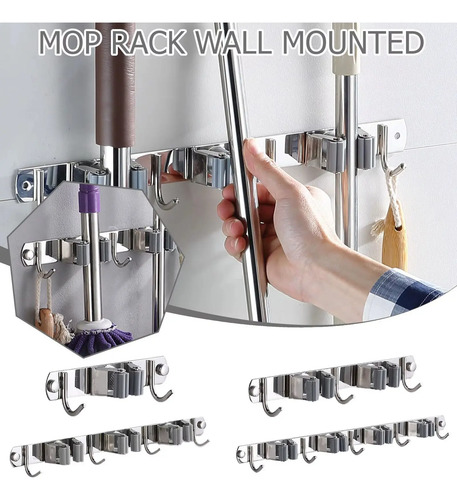 Suporte Vassoura Inox Parede Mop Rodo 9 Organizador Pano