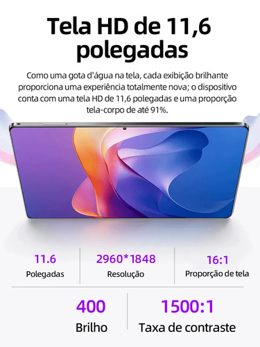 Tablet Android 15 512gb 16gb Ram Tela 11.6 2K HD, Câmera 48mp, 8800mah, Wifi 5G com Kit Completo Para Estudo E Trabalho