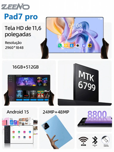 Tablet Android 15 512gb 16gb Ram Tela 11.6 2K HD, Câmera 48mp, 8800mah, Wifi 5G com Kit Completo Para Estudo E Trabalho