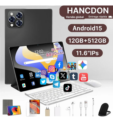 Tablet android 15 hancdon tab kit completo ram 12gb 512gb 11