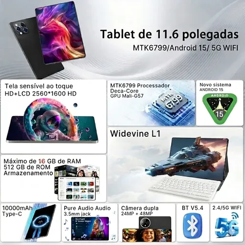 Tablet Android 15 Tab Kit Completo Ram 16gb 512gb 11.6'' Hd