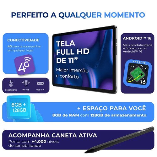 Tablet Positivo Vision TAB 11 - 8GB RAM 128GB de Armazenamento - Capa com Teclado e Caneta, Wi-Fi e 4G, Tela 11" Full HD IPS - Preto