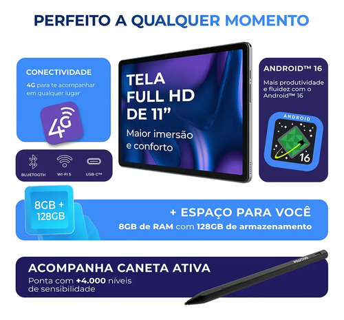 Tablet Positivo Vision Tab 11 Caneta E Capa 4g 11 128gb Preto
