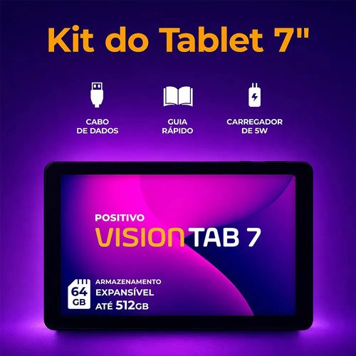 Tablet Positivo Vision TAB 7 - Processador Octa-Core 3GB RAM 64GB Armazenamento Tela 7” IPS Bateria 3100mAh, Android 14 Go, Wi-fi - Preto