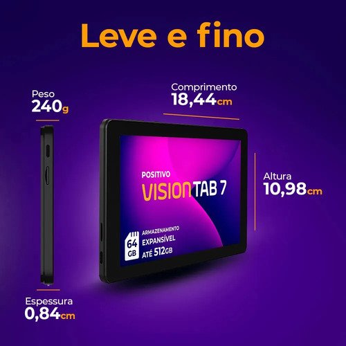 Tablet Positivo Vision TAB 7 - Processador Octa-Core 3GB RAM 64GB Armazenamento Tela 7” IPS Bateria 3100mAh, Android 14 Go, Wi-fi - Preto
