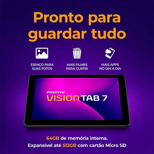 Tablet Positivo Vision TAB 7 - Processador Octa-Core 3GB RAM 64GB Armazenamento Tela 7” IPS Bateria 3100mAh, Android 14 Go, Wi-fi - Preto