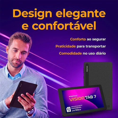 Tablet Positivo Vision TAB 7 - Processador Octa-Core 3GB RAM 64GB Armazenamento Tela 7” IPS Bateria 3100mAh, Android 14 Go, Wi-fi - Preto