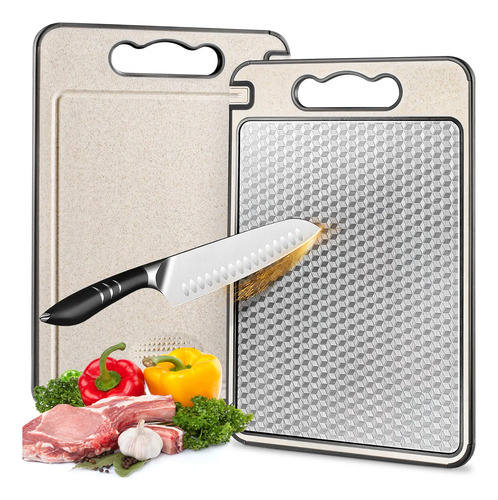 Tabua de corte para cozinha dupla face corte inox e palha