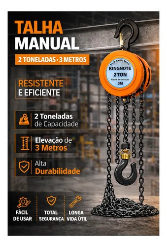 Talha De Corrente Manual Catraca 2000kg 3m Altura De Elevação Corrente Aço 2t Galvanizado King Note