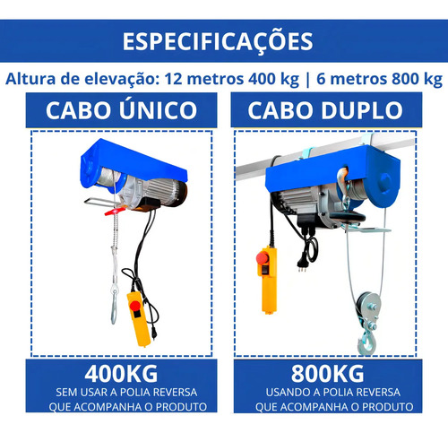 Talha Elétrica 400/800kg Elevação 12m 1500W Guincho de Coluna Cabo de Aço King Note
