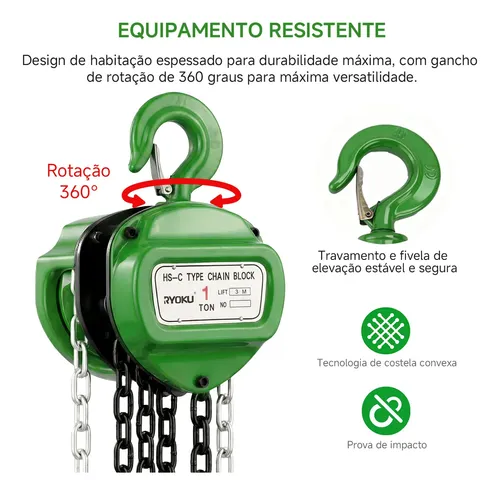 Talha Manual 1 Tonelada 1000 Kg Com Corrente 3m Ryoku