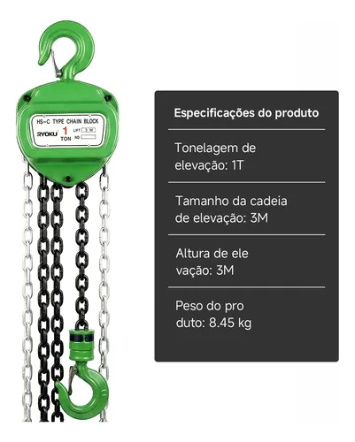 Talha Manual 1 Tonelada 1000 Kg Com Corrente 3m Ryoku