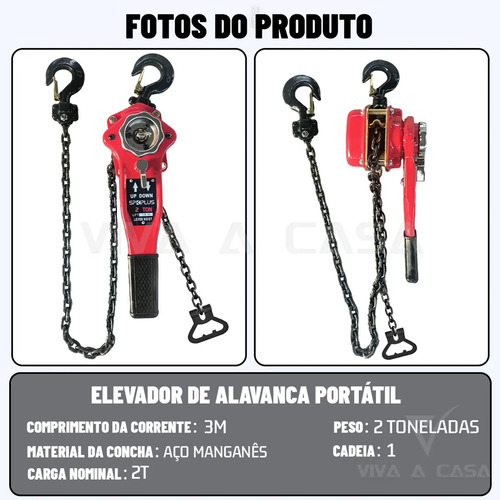 Talha Manual Catraca Alavanca Com Corrente 2t 3m Freio Duplo