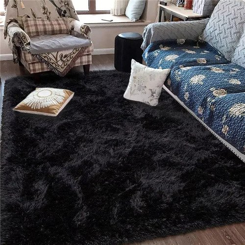 Tapete Decorativo Felpudo 2,00x1,50 Sala Quarto Escritório Cor Preto Pelo Alto Casa Laura Enxovais