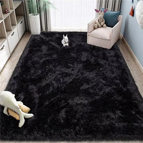 Tapete Decorativo Felpudo 2,00x1,50 Sala Quarto Escritório Cor Preto Pelo Alto Casa Laura Enxovais