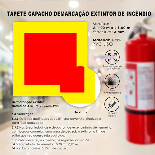 Tapete Demarcação de Extintor 100x100cm Amarelo PVC Antiderrapante Alvará