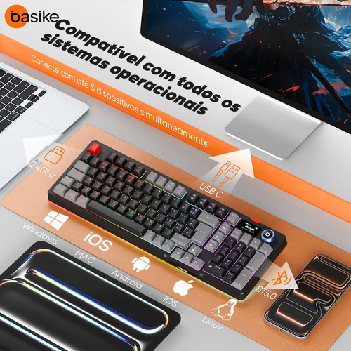 Teclado Mecânico Sem Fio Com Tela, Tri-Mode Bt5.0/2.4 G/Usb-C, Rgb Teclado Gamer Com Personalizável E Anti Ghosting, Teclado Switch Vermelho Wireless Para Jogos/Pc/Mac/Linux