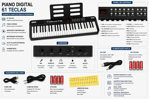 Teclado Musical Dobrável Piano Digital Portátil 61 Teclas