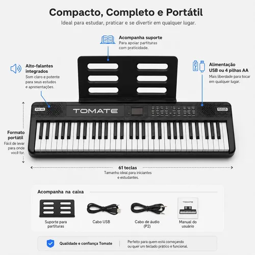 Teclado Musical Dobrável Piano Digital Portátil 61 Teclas