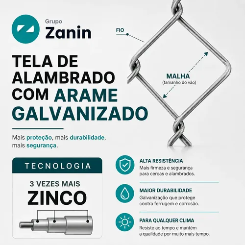 Tela Alambrado Malha 8 Fio 14 1,50 X 25 Metros Galvanizada