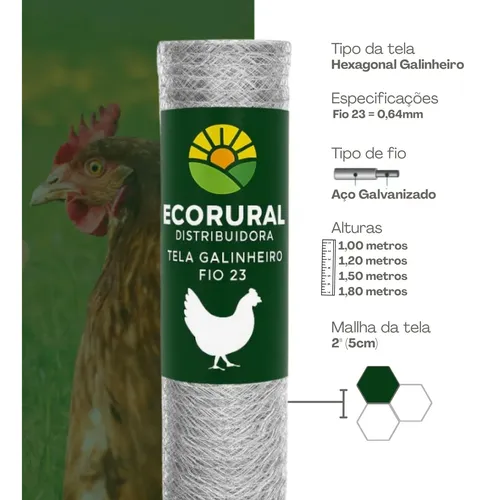 Tela Galinheiro Fio 23 1,50x50m Arame Galvanizada Uso Rural