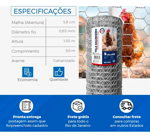 Tela Hexagonal Galinheiro F23 50x1,5m Horta Telas São Jorge