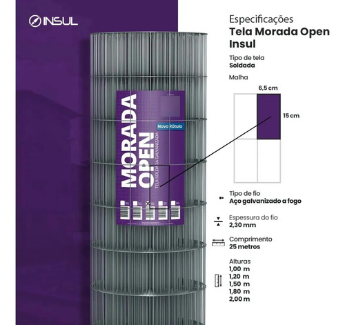 Tela Soldada Morada Leve Fio 2,30mm 6,5x15 Rolo 25m X 1,80