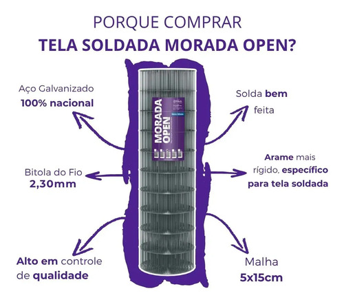Tela Soldada Morada Leve Fio 2,30mm 6,5x15 Rolo 25m X 1,80