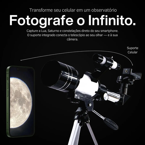 Telescópio Refrator F30070m 70mm Apertura 300mm Tripé Profissional Para Céu Noturno Lua Planetas Nebulosas Ideal Iniciantes Astronomia Óptica Multiplada Observação Espacial Brilhante Suporte Celular