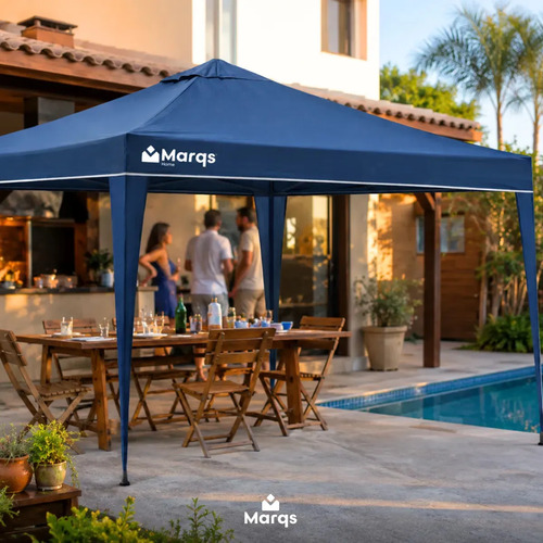 Tenda Gazebo Sanfonada Articulada Desmontável 3x3 Metros Marqs Home Impermeável Estrutura Aço Leve E Reforçada Proteção Solar Uv Chuva Vento Barraca Camping Praia Eventos Feira Carro Azul