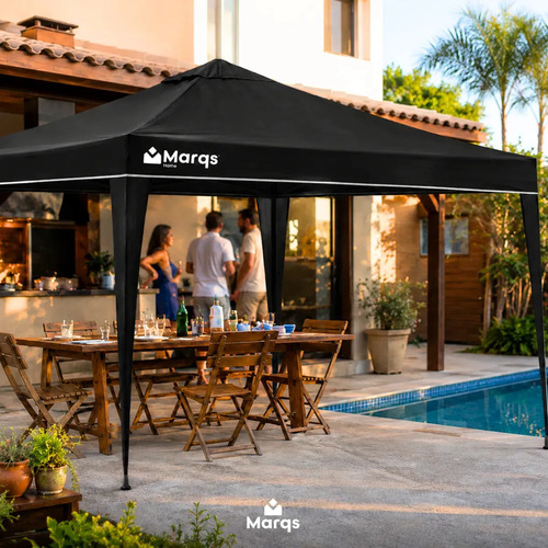 Tenda Gazebo Sanfonada Articulada Desmontável 3x3 Metros Marqs Home Impermeável Estrutura Aço Leve E Reforçada Proteção Solar Uv Chuva Vento Barraca Camping Praia Eventos Feira Carro Preto