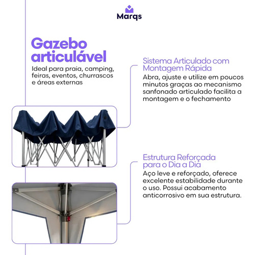 Tenda Gazebo Sanfonada Articulada Desmontável 3x3 Metros Marqs Home Impermeável Estrutura Aço Leve E Reforçada Proteção Solar Uv Chuva Vento Barraca Camping Praia Eventos Feira Carro Azul