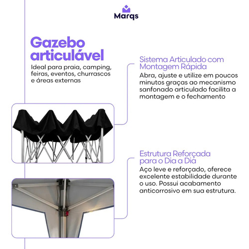 Tenda Gazebo Sanfonada Articulada Desmontável 3x3 Metros Marqs Home Impermeável Estrutura Aço Leve E Reforçada Proteção Solar Uv Chuva Vento Barraca Camping Praia Eventos Feira Carro Preto